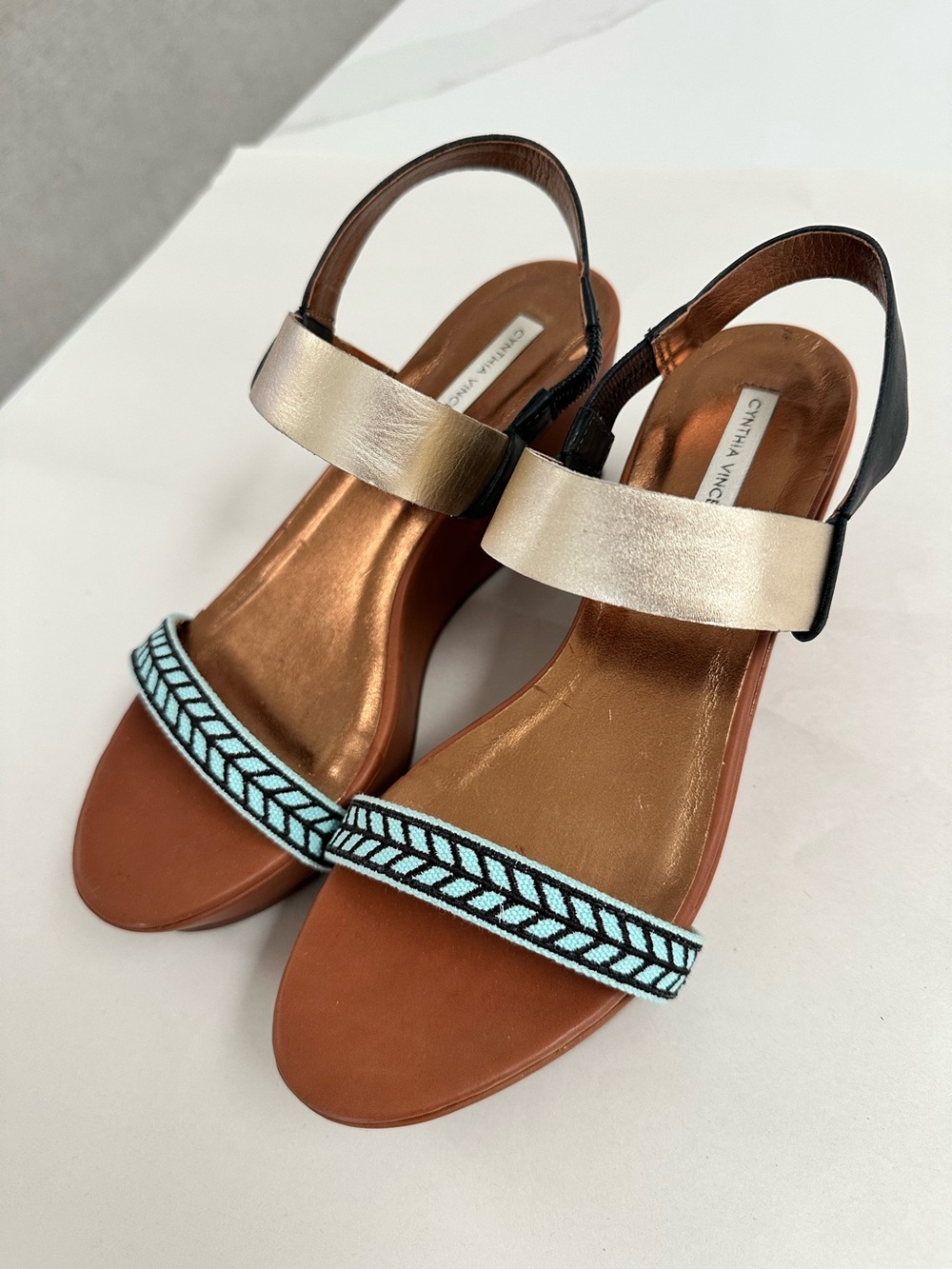 Cynthia Steffe Two-Tone Leather Slingback Platform Wedge Sandals Brown/Gold